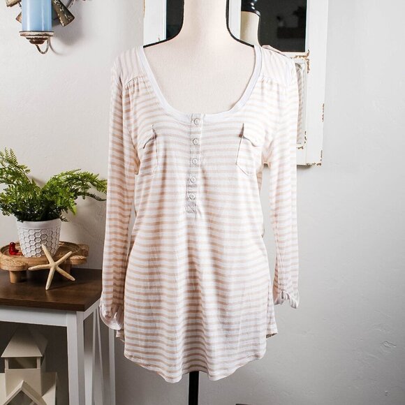 89th & Madison Tops - 89th & Madison Striped Henley Tunic Top NWT XL - Ivory/Tan